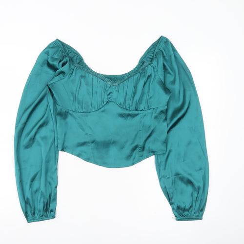 Hollister Womens Green Satin Cropped Blouse L Long Puff Sleeve