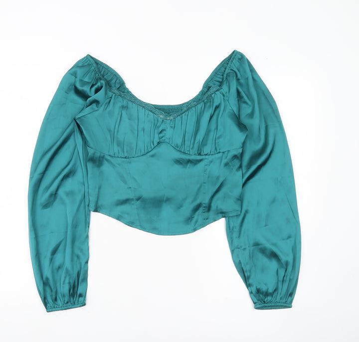 Hollister Womens Green Satin Cropped Blouse L Long Puff Sleeve