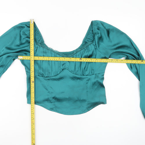 Hollister Womens Green Satin Cropped Blouse L Long Puff Sleeve