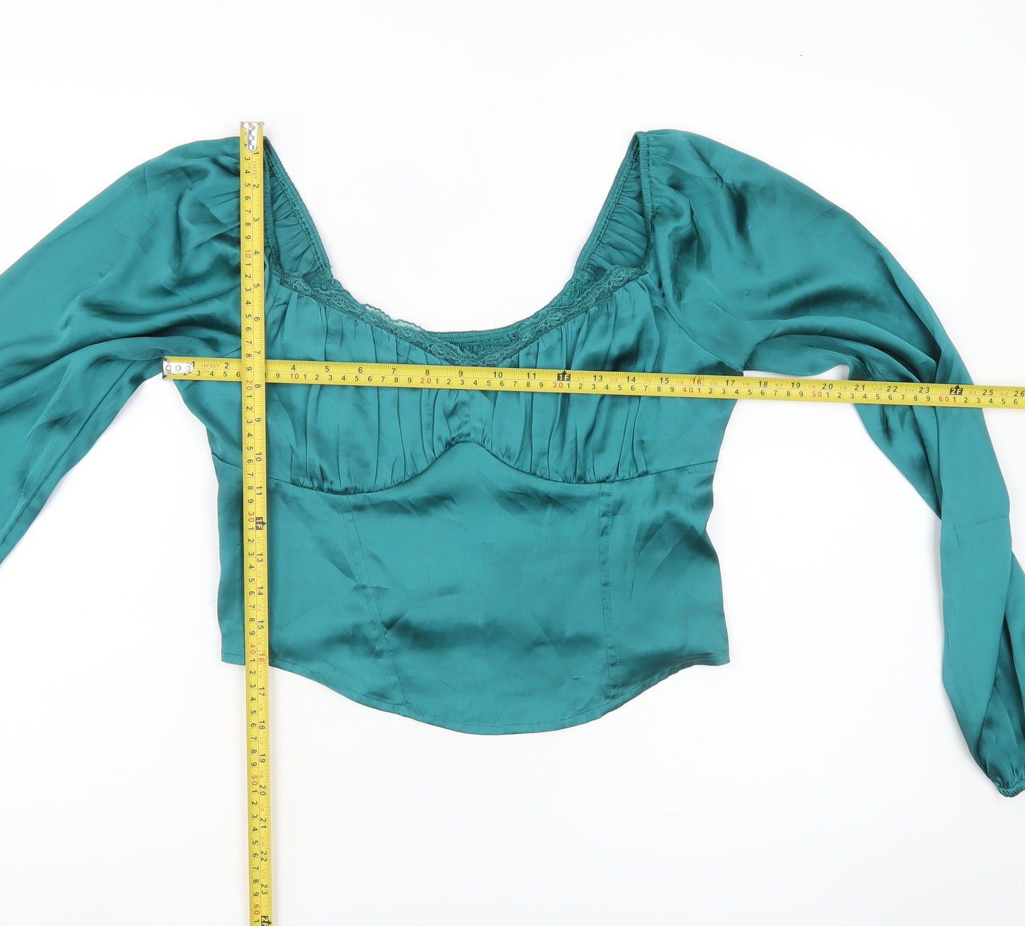 Hollister Womens Green Satin Cropped Blouse L Long Puff Sleeve