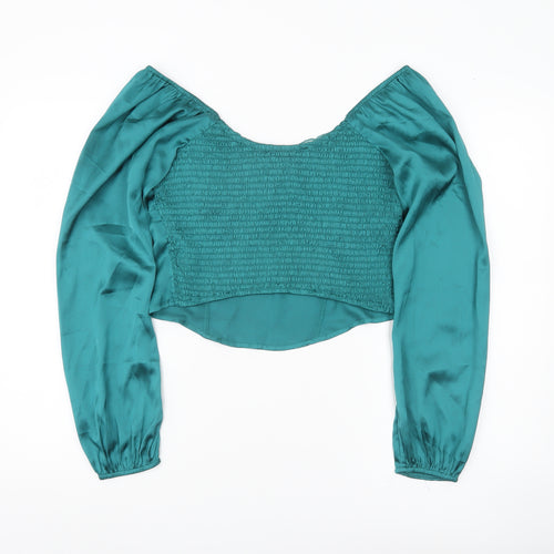 Hollister Womens Green Satin Cropped Blouse L Long Puff Sleeve
