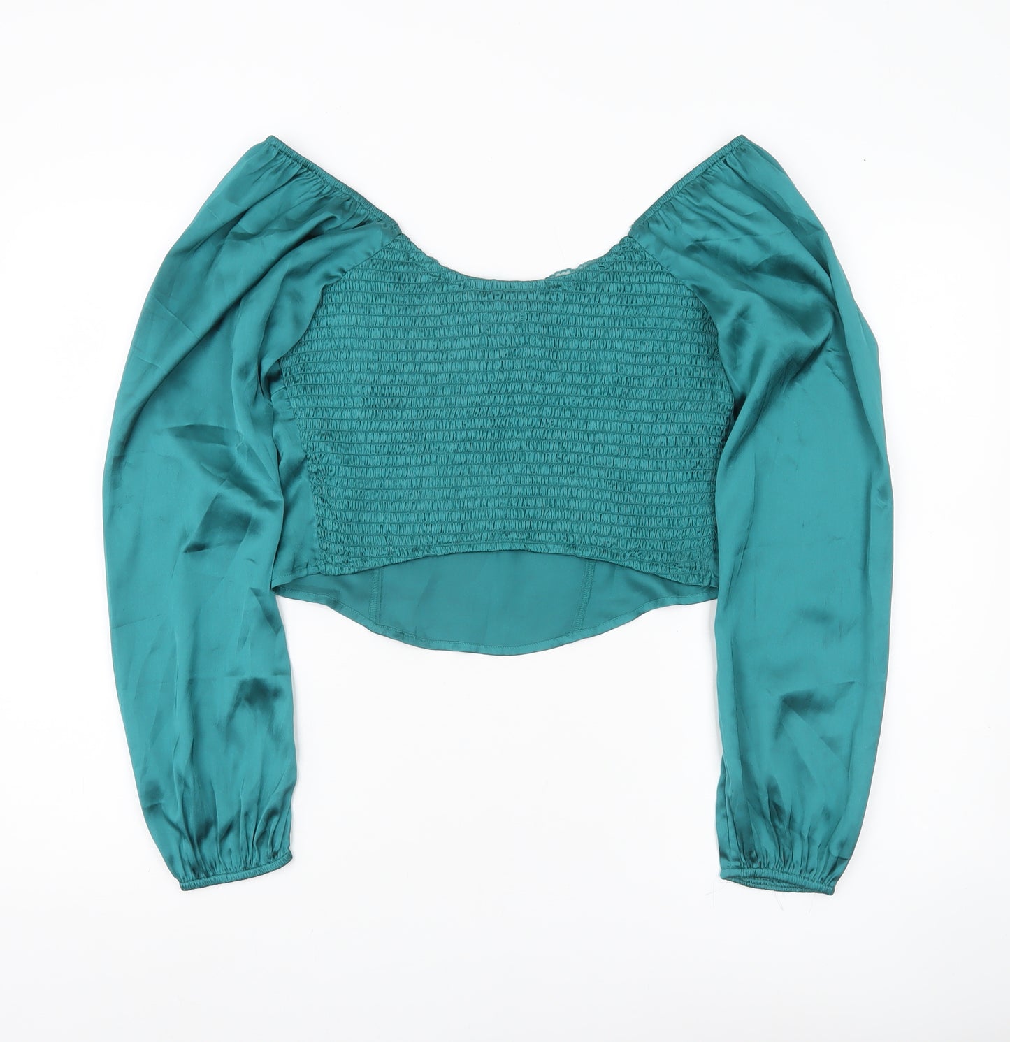 Hollister Womens Green Satin Cropped Blouse L Long Puff Sleeve