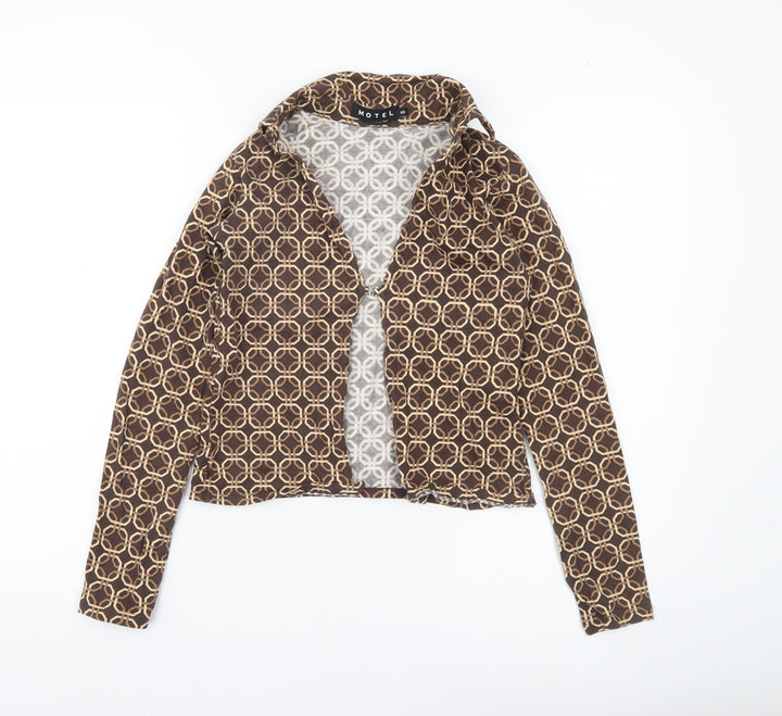 Motel Womens Brown Geometric Cropped Button-Up Shirt XS