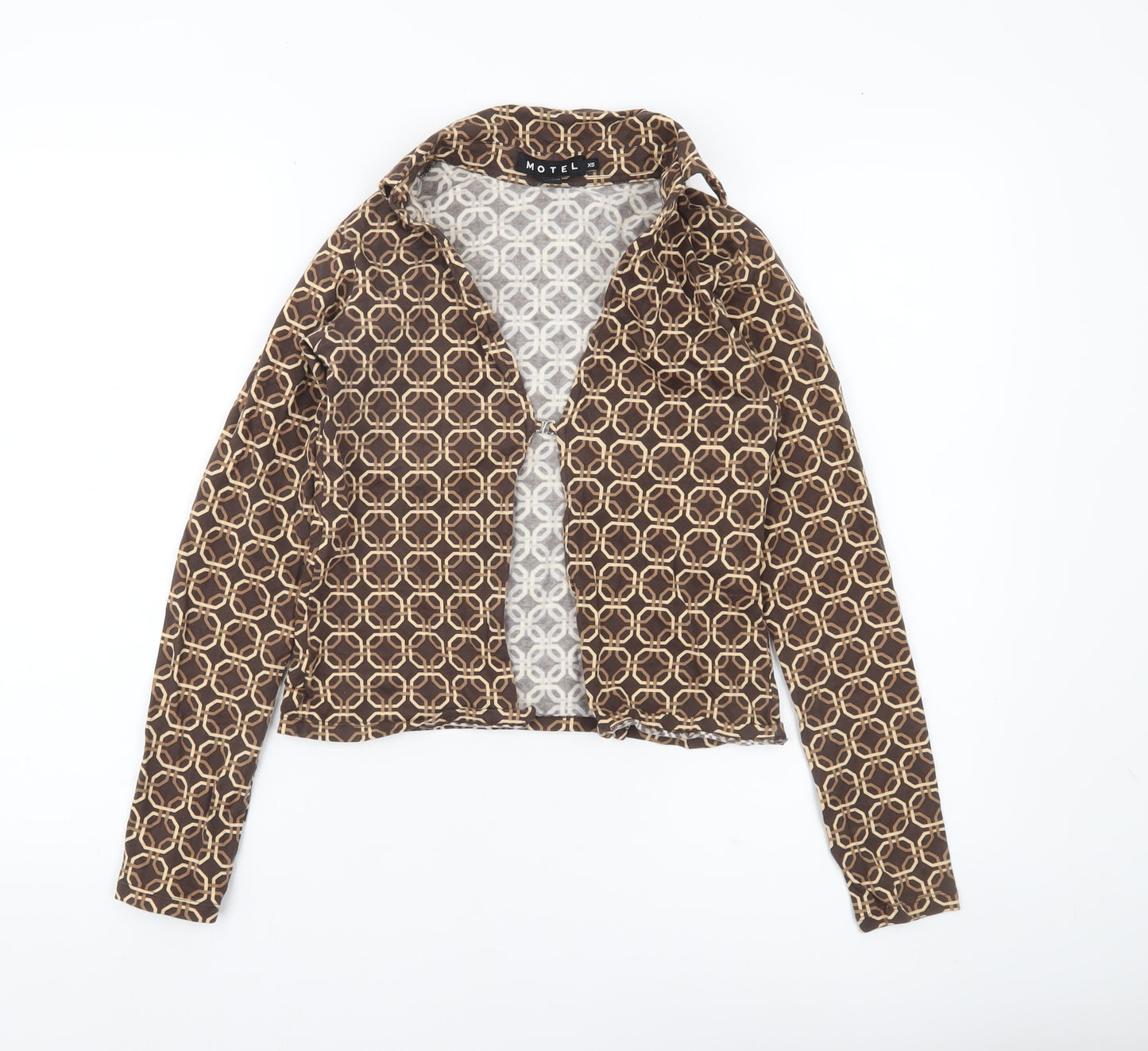 Motel Womens Brown Geometric Cropped Button-Up Shirt XS
