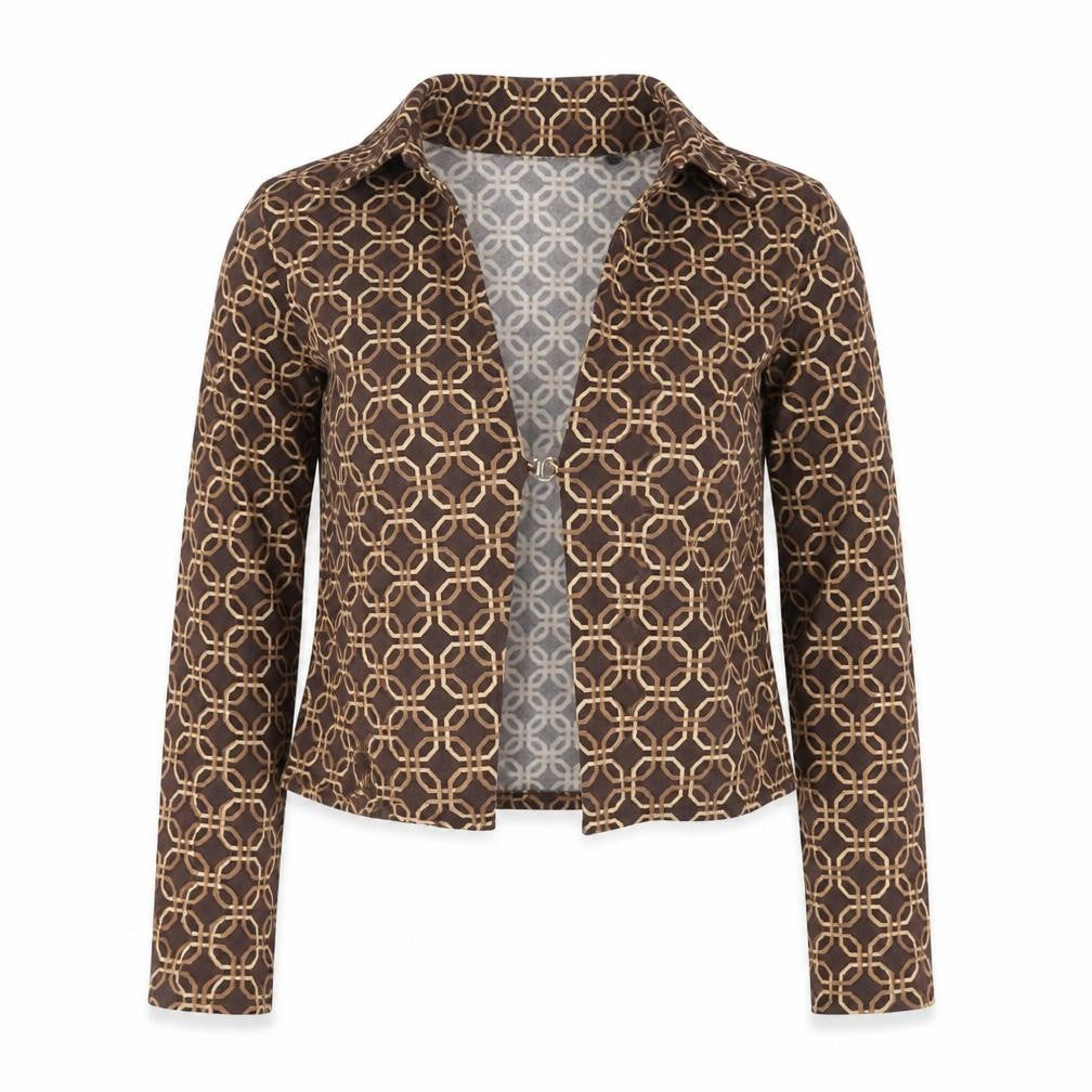 Front view of Motel Rocks women’s brown geometric cropped button-up shirt xs