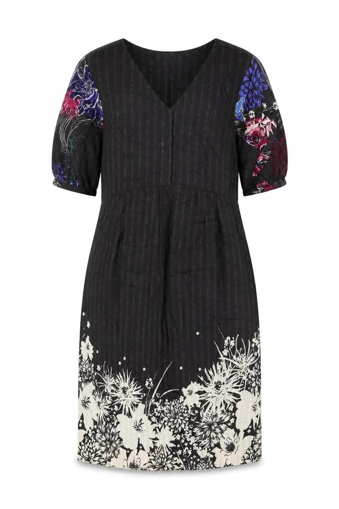 Front view of White Stuff Women’s Black Floral Shift Dress, size UK 14, Viscose