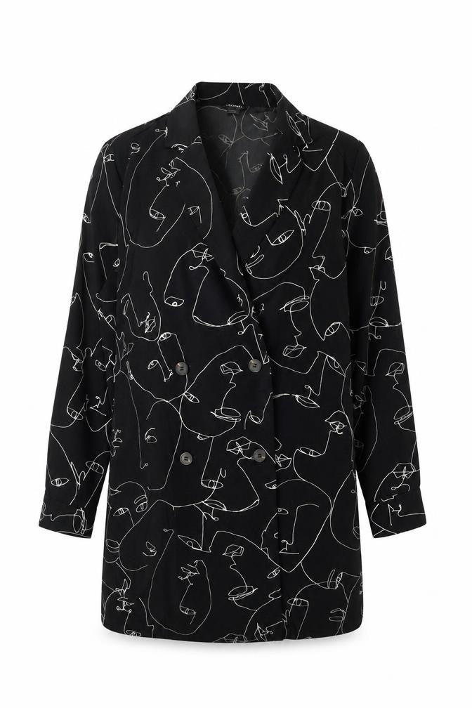 Monki Women’s Black Blazer Jacket S Art Print Mid-Length Lightweight