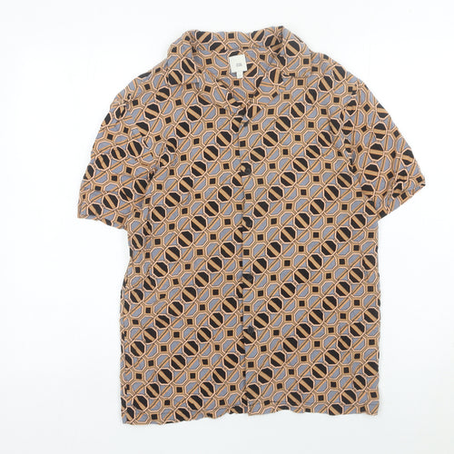 River Island Men's Brown Geometric Short Sleeve Button-Up Shirt S