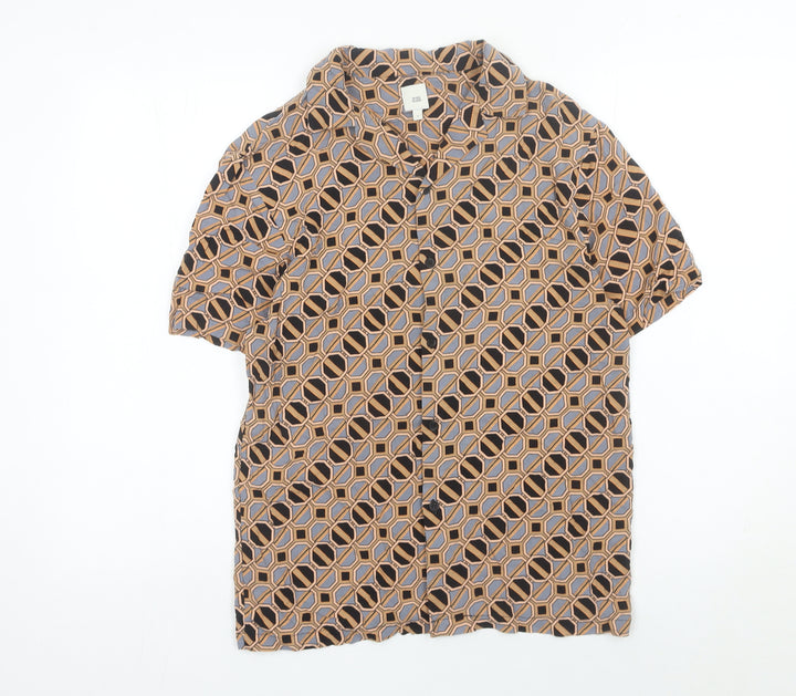 River Island Men's Brown Geometric Short Sleeve Button-Up Shirt S