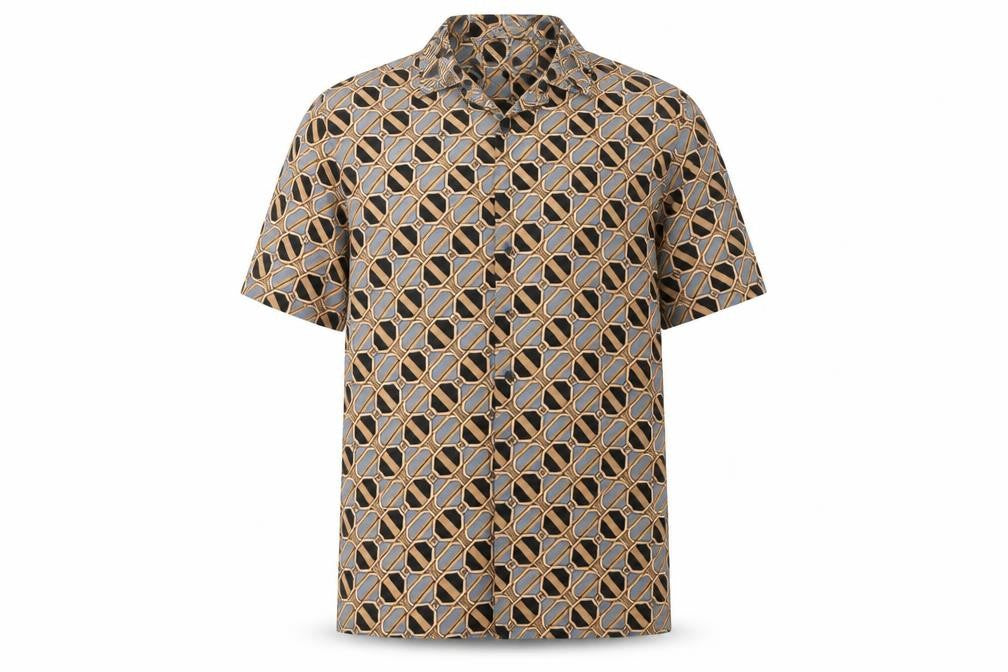 Front view of River Island Men's Brown Geometric Short Sleeve Button-Up Shirt S