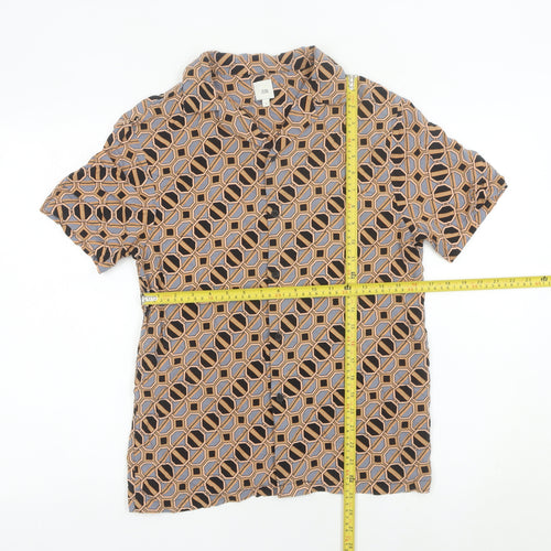 River Island Men's Brown Geometric Short Sleeve Button-Up Shirt S