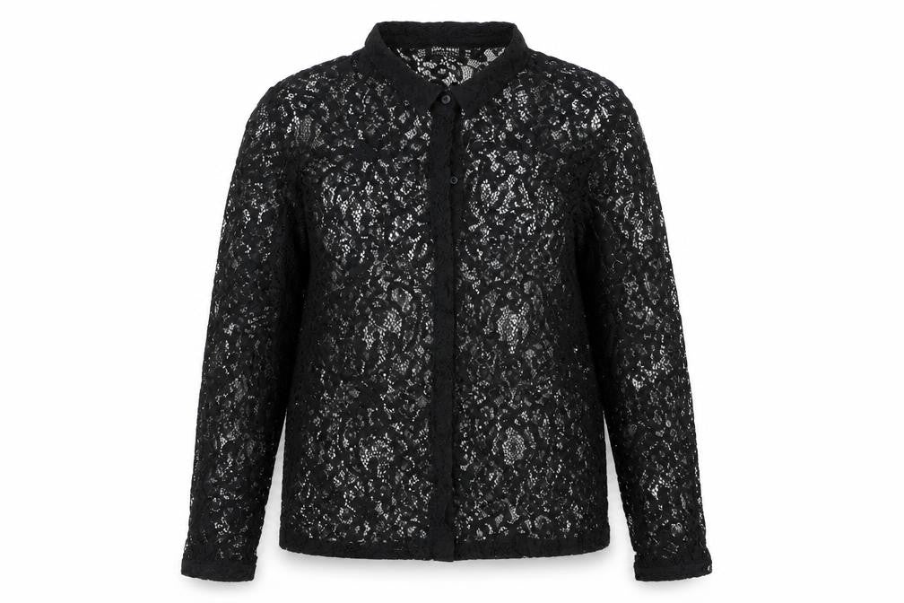 Front view of Zara Women’s Black Lace Collared Long Sleeve Blouse, size UK 12