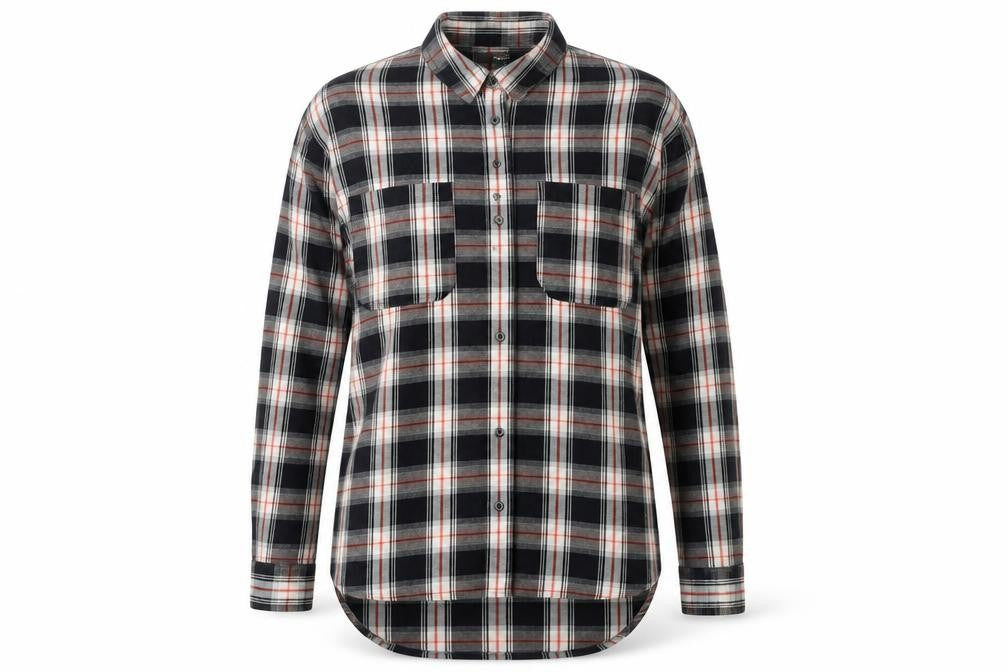 Front view of Next women’s black plaid flannel button-up shirt, size UK 10