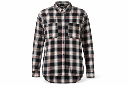 Front view of Next women’s black plaid flannel button-up shirt, size UK 10