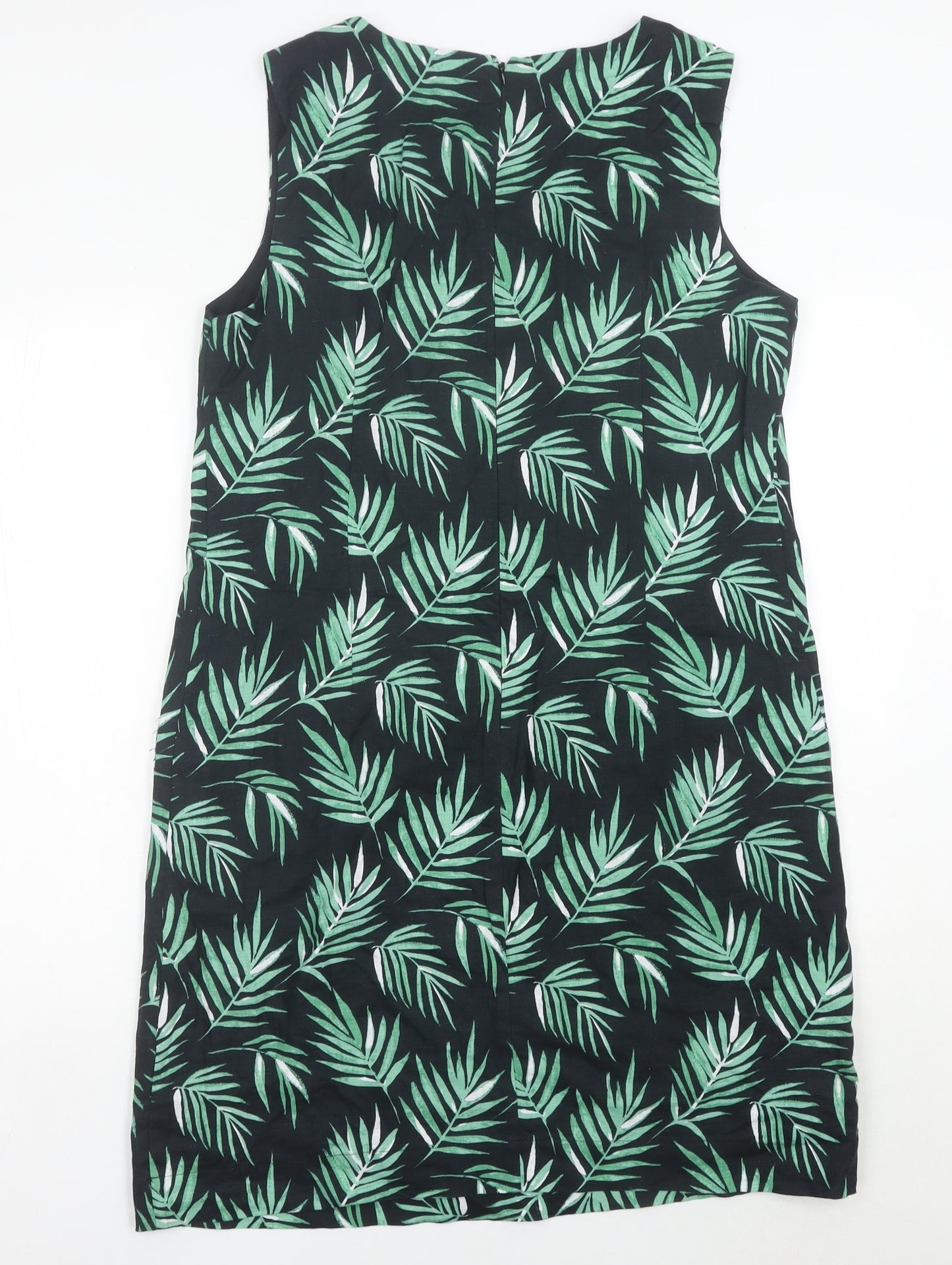 Laura Ashley Women’s Green Black Linen Shift Dress Size 14 Sleeveless Tropical