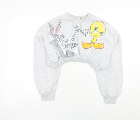 Front view of Primark women’s grey xs crop sweatshirt tweety & bugs warner bros