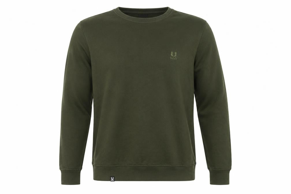 Front view of Uzzi Men’s Green Crew Neck Pullover Sweatshirt, size M