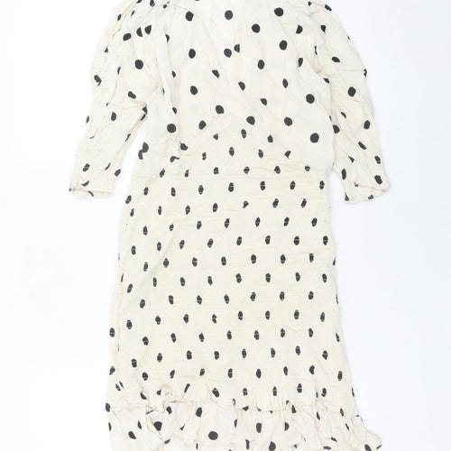 H&M Women Ivory Polka Dot Wrap Dress Size S Puff Sleeve Knee Length