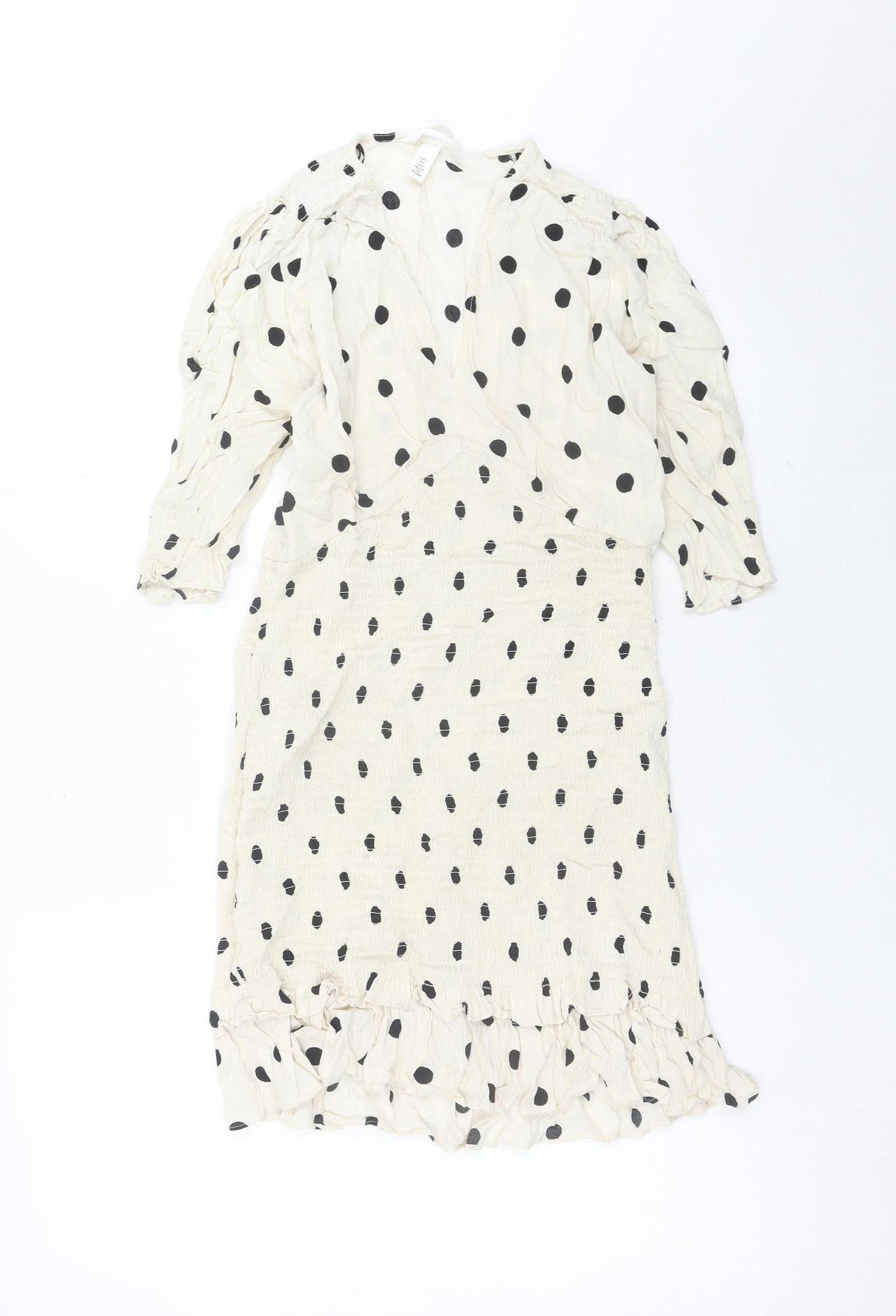 H&M Women Ivory Polka Dot Wrap Dress Size S Puff Sleeve Knee Length