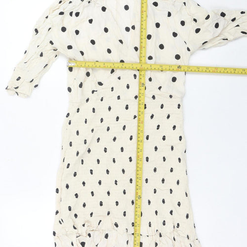H&M Women Ivory Polka Dot Wrap Dress Size S Puff Sleeve Knee Length