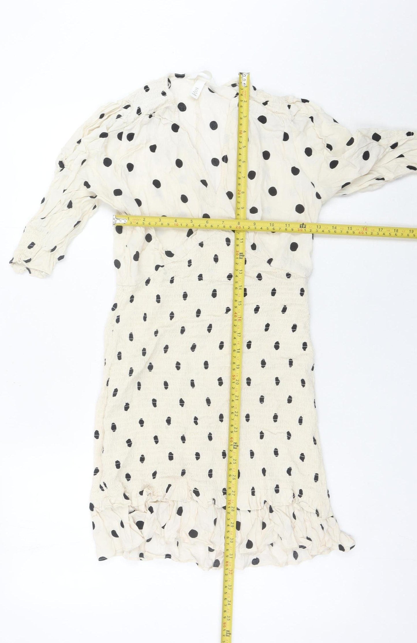 H&M Women Ivory Polka Dot Wrap Dress Size S Puff Sleeve Knee Length