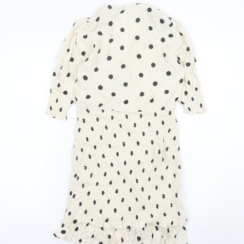 H&M Women Ivory Polka Dot Wrap Dress Size S Puff Sleeve Knee Length