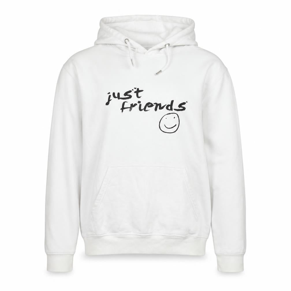 Front view of Stanley/Stella unisex white hoodie m pullover just friends logo