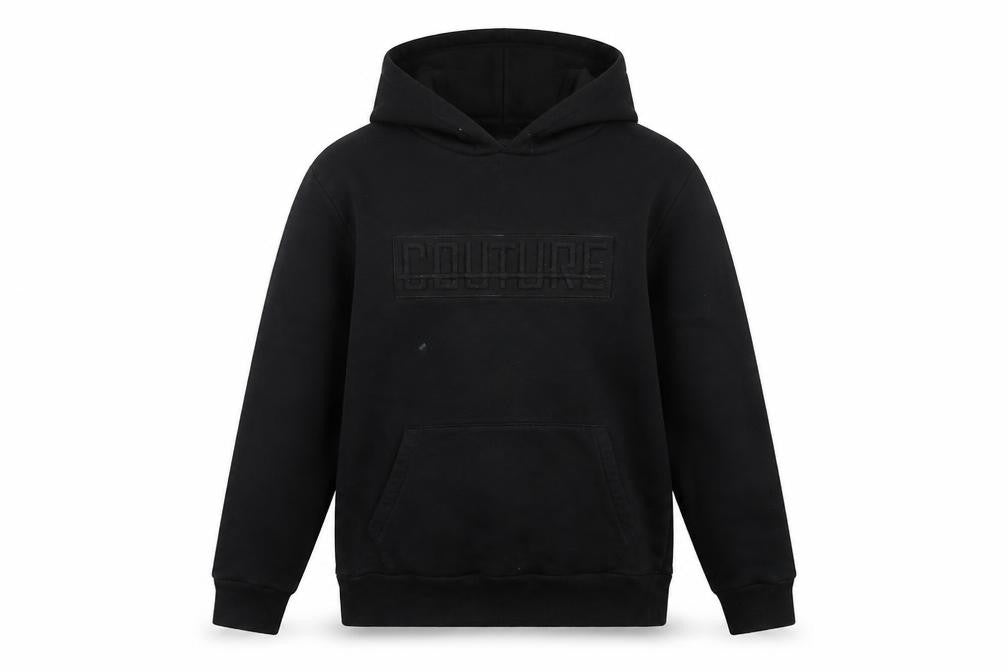 Front view of Fresh Couture men’s black pullover hoodie m logo graphic cotton blend