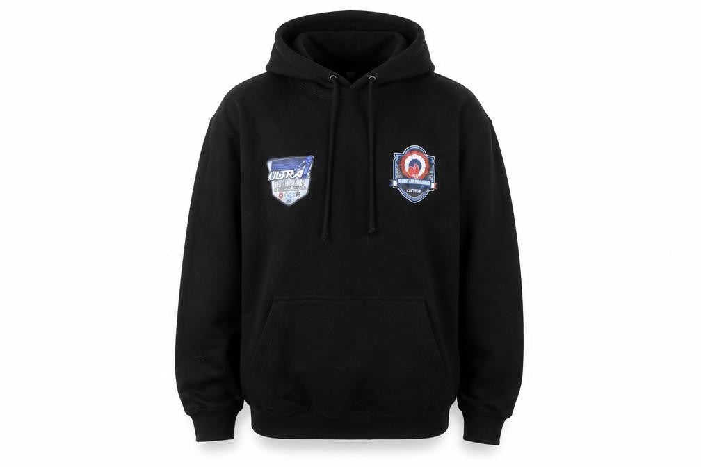 Front view of JustHoods Men’s Black Pullover Hoodie Medium Racing Graphic Print