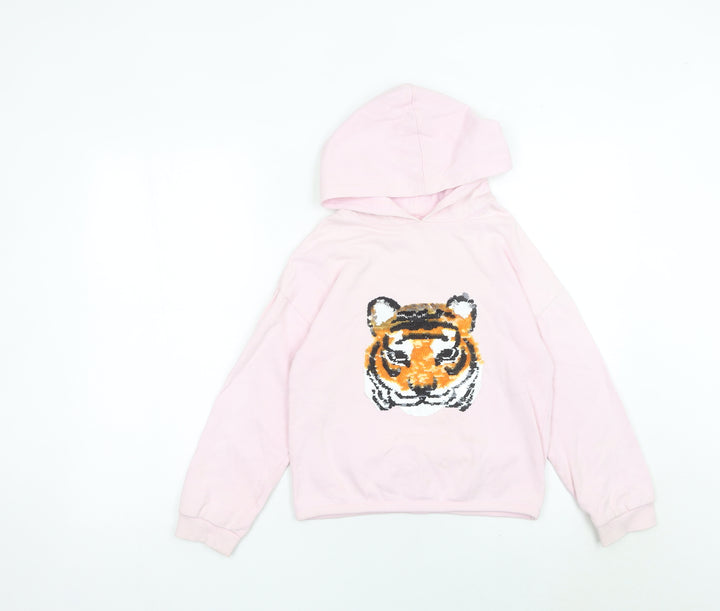 John Lewis Girls Pink Sequin Tiger Hoodie 10 Years Pullover Cotton