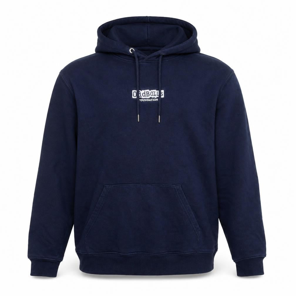 Front view of Stanley/Stella men’s blue pullover hoodie xl with logo and pockets