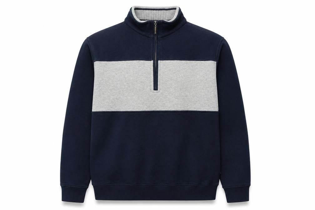 Front view of Atlantic Bay men’s navy grey xl 1/4 zip sweatshirt pullover cotton