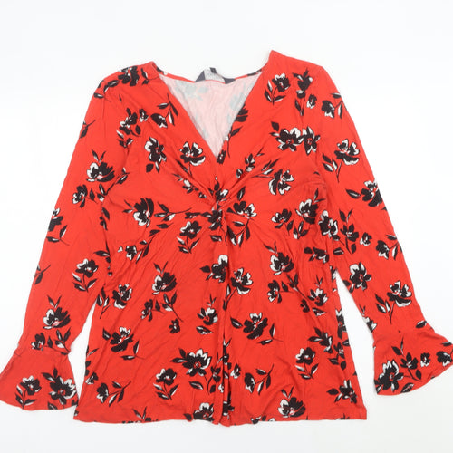 Sosandar Women’s Red Floral V-Neck Long Sleeve Tunic Blouse Size 18