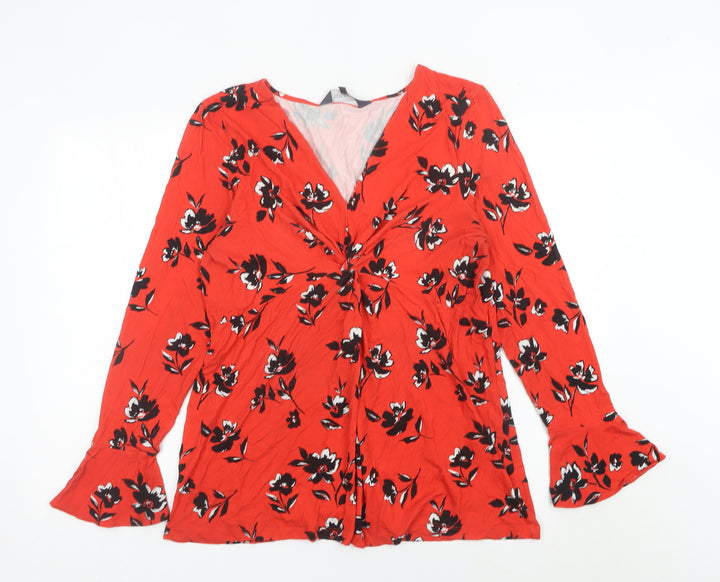 Sosandar Women’s Red Floral V-Neck Long Sleeve Tunic Blouse Size 18
