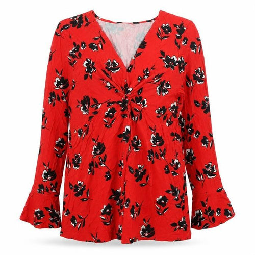 Sosandar Women’s Red Floral V-Neck Long Sleeve Tunic Blouse Size 18