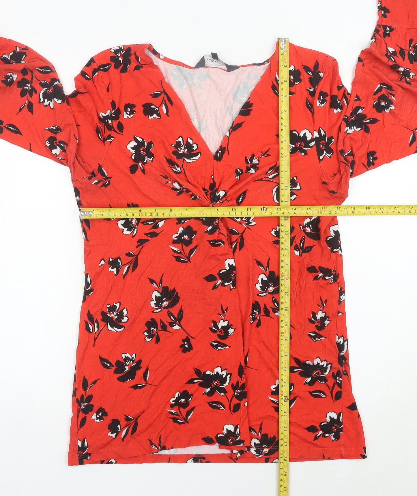 Sosandar Women’s Red Floral V-Neck Long Sleeve Tunic Blouse Size 18