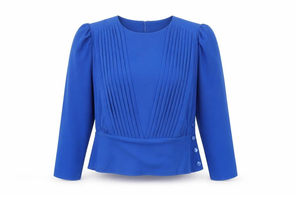 Front view of Rembrandt women’s blue pleated long sleeve blouse, size UK 16