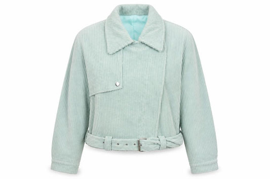 Front view of K-Zell Women’s Green Corduroy Cropped Bomber Jacket, size M