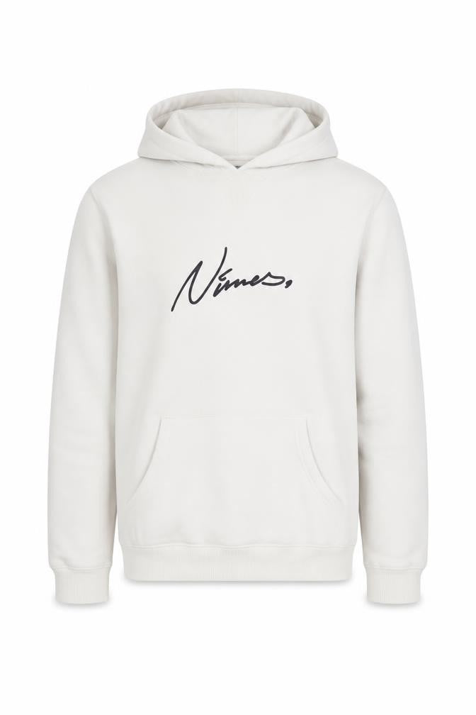 Front view of Nimes men’s white hoodie pullover medium graphic logo long sleeve