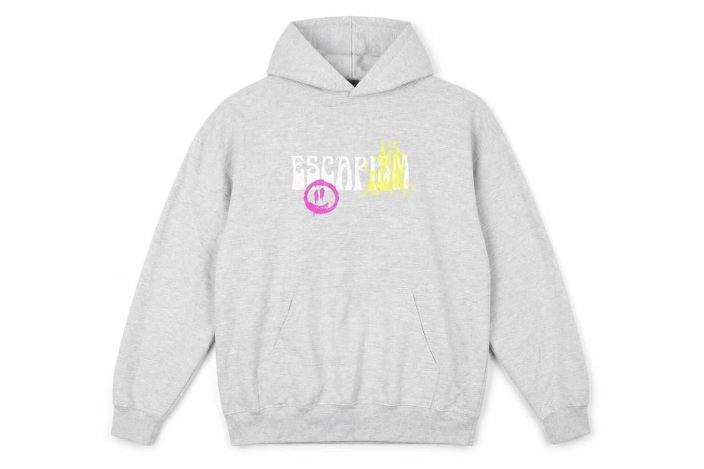 Front view of boohooMAN men’s grey pullover hoodie s graphic print retro style