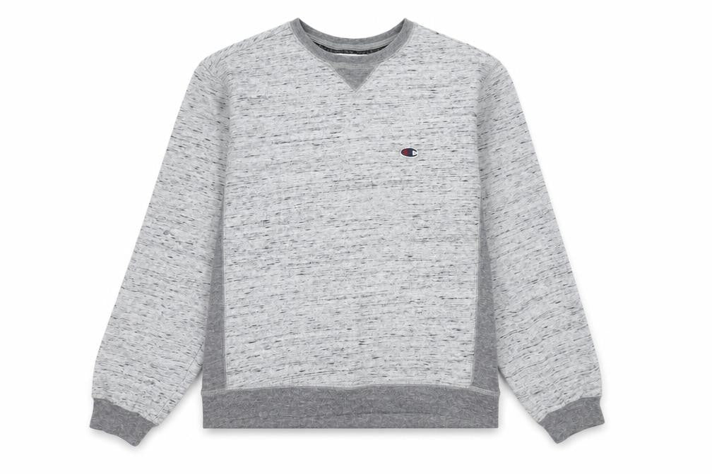 Front view of Champion unisex grey medium pullover sweatshirt vintage logo v-neck