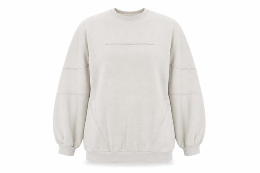 Front view of PRETTYLITTLETHING women’s beige logo sweatshirt, size UK 12, pullover