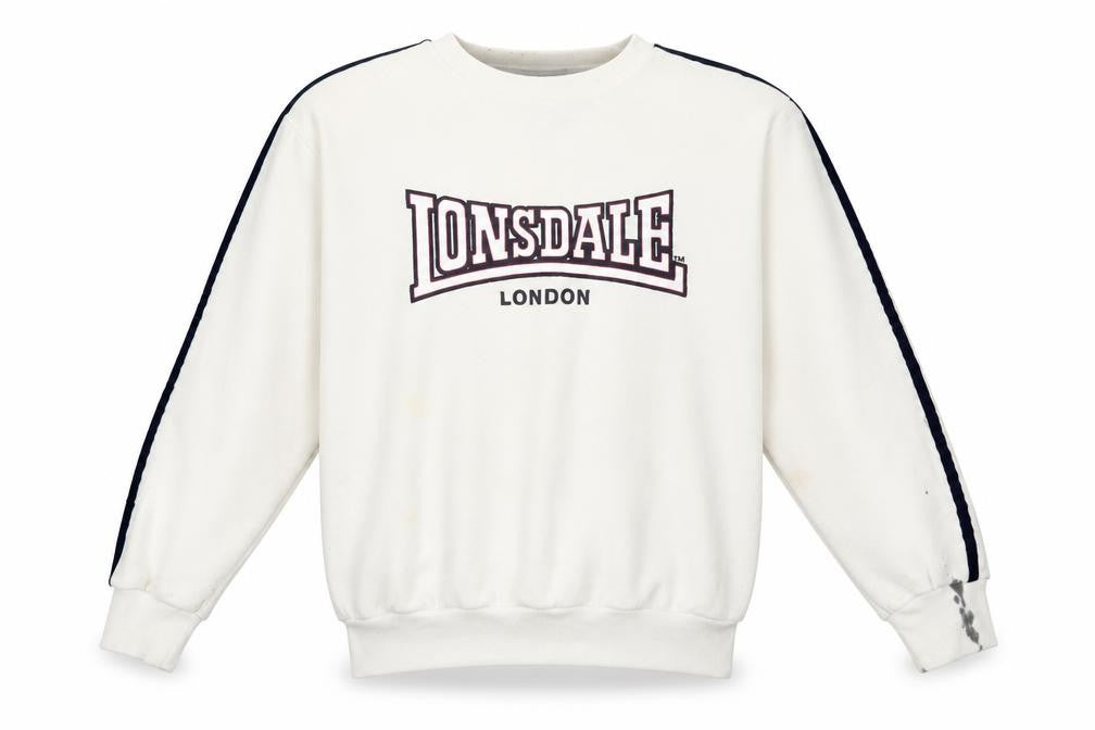 Front view of Lonsdale boys’ white sweatshirt 11-12 years crew neck pullover logo