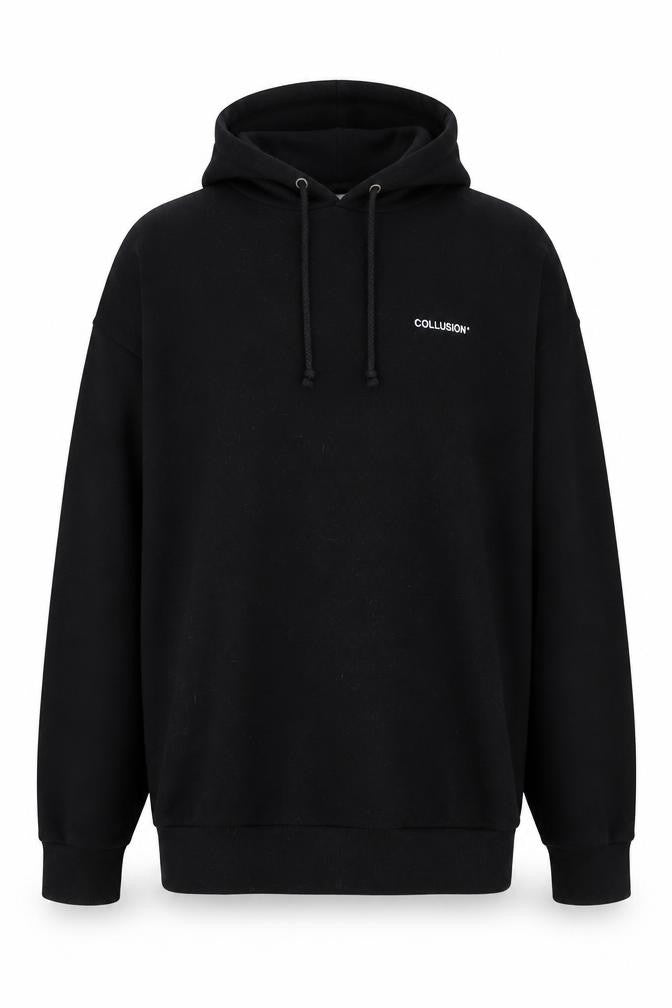 Front view of Collusion unisex black pullover hoodie l logo print fleece