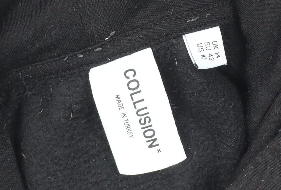 Collusion Unisex Black Pullover Hoodie L Logo Print Fleece