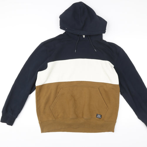H&M Men’s Pullover Hoodie L Blue Brown White Colourblock Hooded Sweatshirt