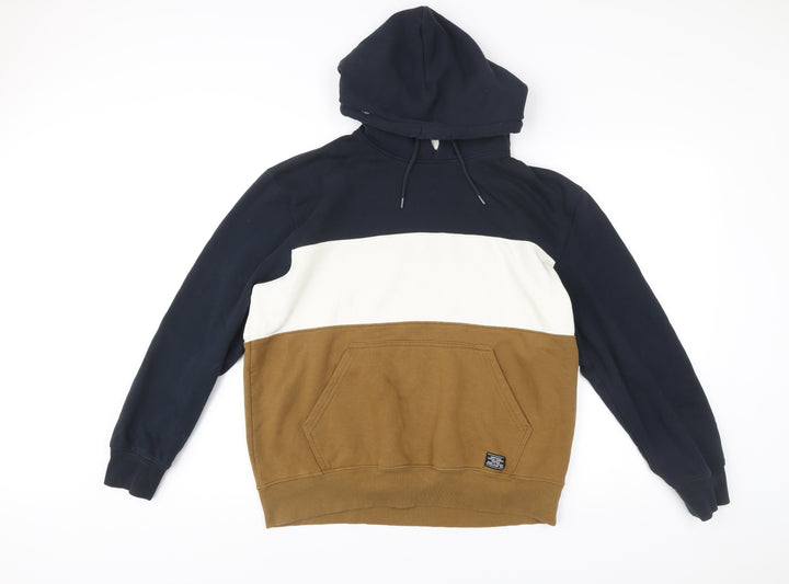 H&M Men’s Pullover Hoodie L Blue Brown White Colourblock Hooded Sweatshirt