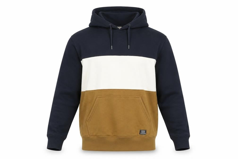 Front view of H&M Men’s Pullover Hoodie L Blue Brown White Colourblock Hooded Sweatshirt