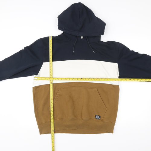 H&M Men’s Pullover Hoodie L Blue Brown White Colourblock Hooded Sweatshirt