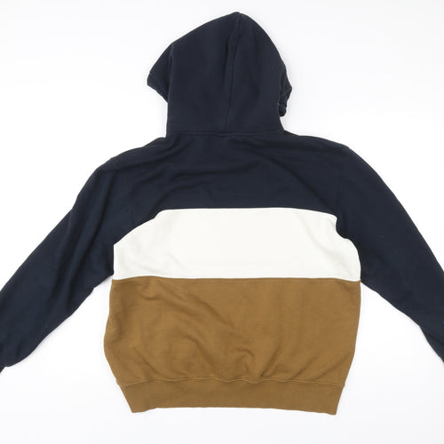 H&M Men’s Pullover Hoodie L Blue Brown White Colourblock Hooded Sweatshirt